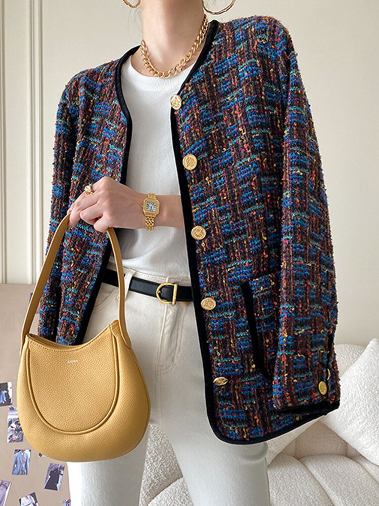 Fashion Women's Jackets New Tweed Round Neck Loose Single Breasted Long Sleeve Lattice Coat Female Autumn