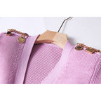 Gorgeous Designing Sexy V-neck Luxury Gold Metal Chain Sweater Knitting Women Violet Color Slit Fit Street Dress