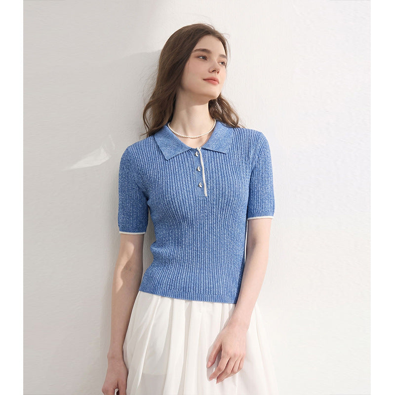 Minimalist Turn-Down Collar Short Sleeve Knit Top for Women Unique Design Style