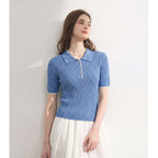 Minimalist Turn-Down Collar Short Sleeve Knit Top for Women Unique Design Style