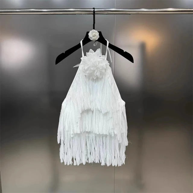 Summer new women's 3D three-dimensional flower decoration halter neck backless tassel streamer vest y2k fashion sexy holiday top