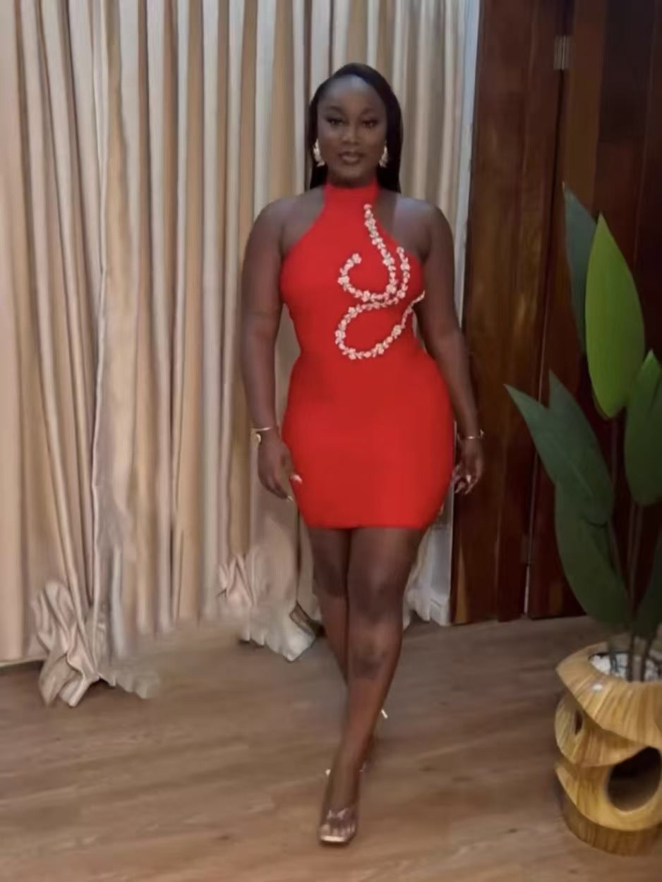 Strapless Rhinestone Chain Bandage Dress Evening Gown