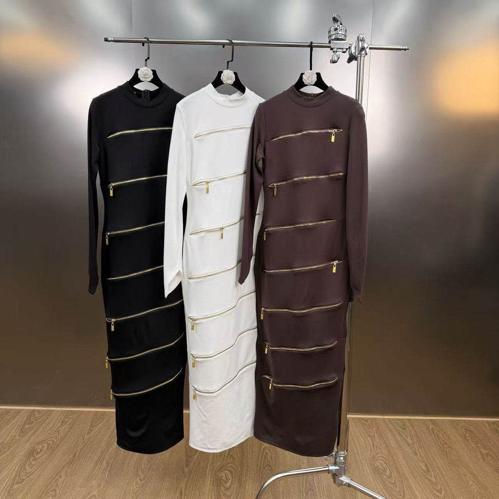 Small stand collar long sleeved multi zipper design waist cinching long dress