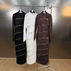 Small stand collar long sleeved multi zipper design waist cinching long dress