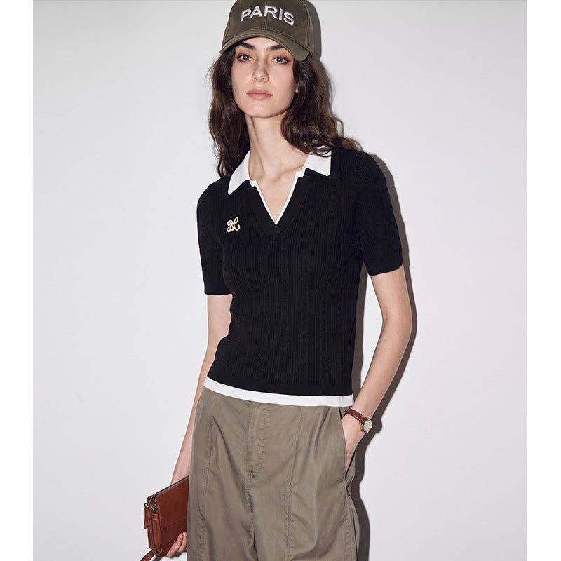 Chic Color-Blocked Slim Fit Knit Top for Women, Short Sleeve, Turn-Down Collar, Lightweight, Casual Black T-Shirt