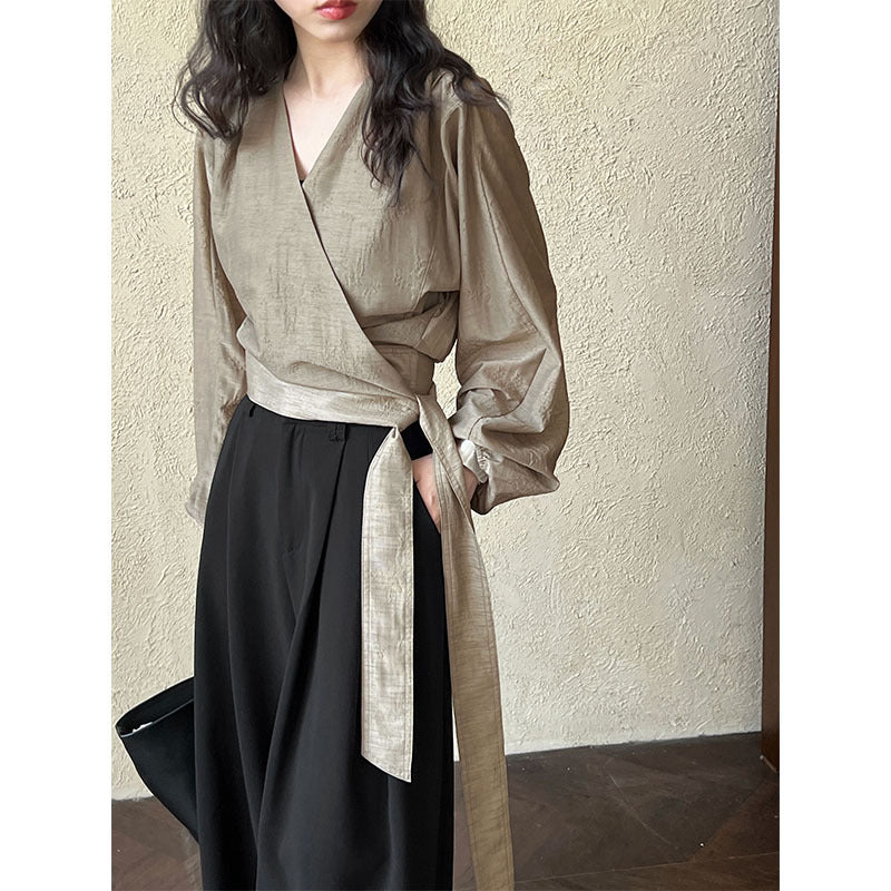 Retro cross V-neck tied shirt for women