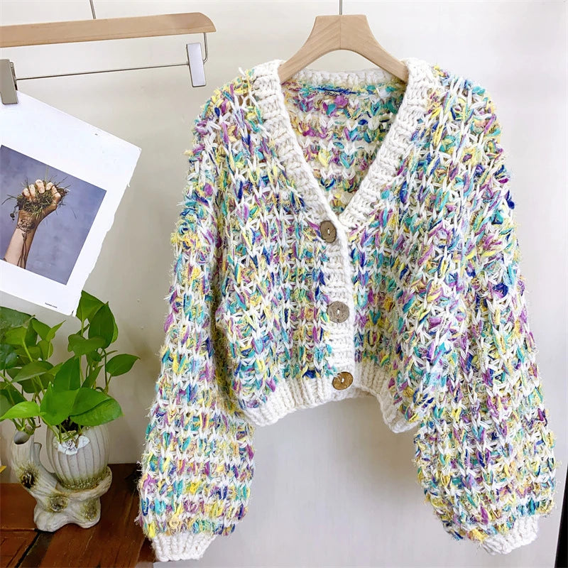 Women Multicolor Handknit Colorful V-neck Chunky Cardigan Warm Knit Sweater Top Autumn Winter New in Women Clothes