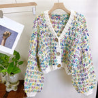 Women Multicolor Handknit Colorful V-neck Chunky Cardigan Warm Knit Sweater Top Autumn Winter New in Women Clothes