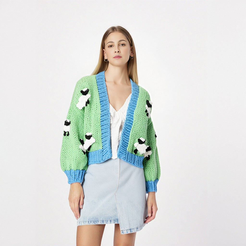 Little Sheep Sweater Coat New Handmade Coarse Needle Knitted Long Sleeve Cardigan
