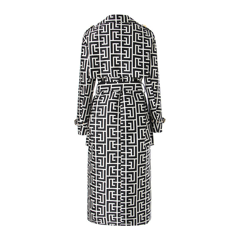 Coat Women's Loose Version Lace Up Spring And Autumn New Heavy Industry Coat Black And White Swastika Pattern