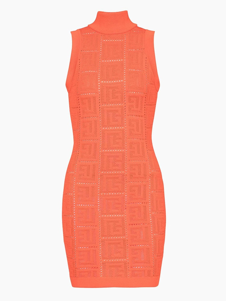 Newest 2023 Fashion Designer Perspective Hollow Out Geometrical Monogram Sleeveless Knitted Dress