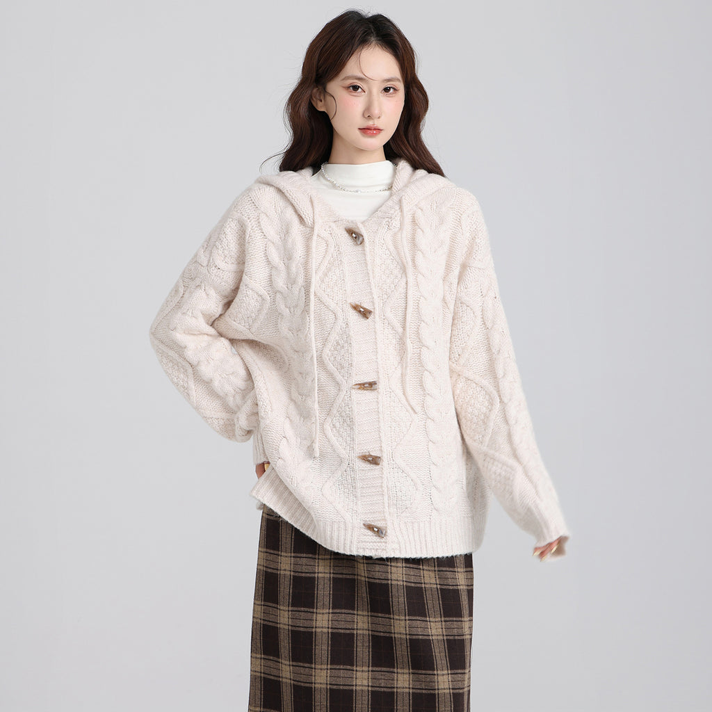 Beige Thick Knit Hooded Cardigan Sweater