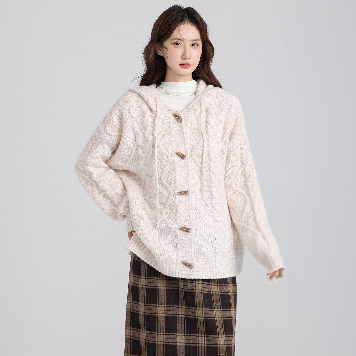 Beige Thick Knit Hooded Cardigan Sweater