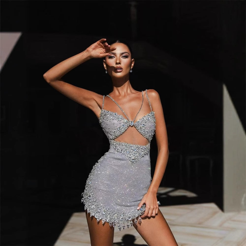 Fashionable Backless Strapless Fitted Mesh Beaded Casual Mini Bodycon Dress for Women