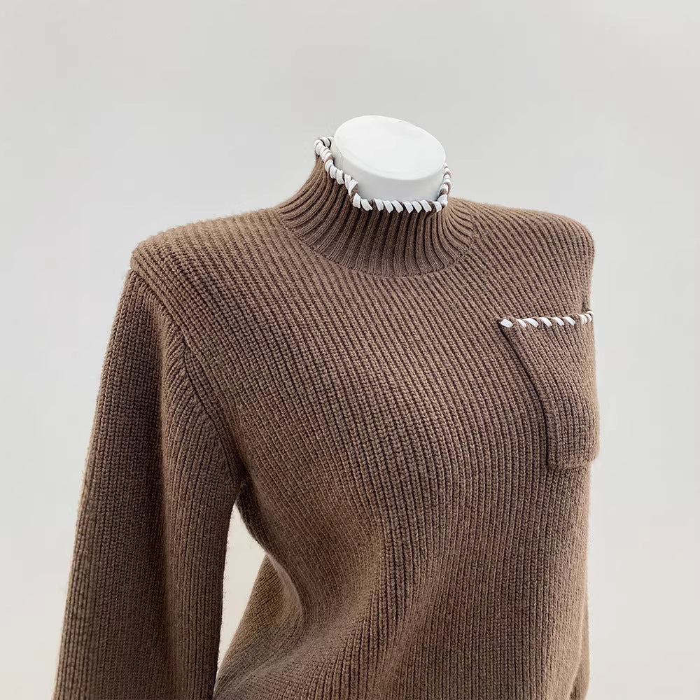 Sd Home Wool Blend High Neck Long Sleeve Knit Top with Hand-Stitched Trim for Women