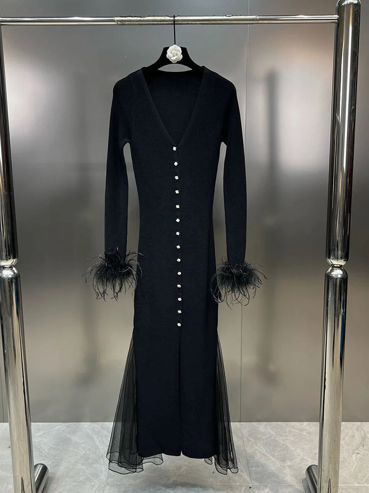 Solid Patchwork Feathers Designer Dresses For Women V Neck Long Sleeve High Waist Spliced Mesh Elegant Dress Female