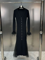 Solid Patchwork Feathers Designer Dresses For Women V Neck Long Sleeve High Waist Spliced Mesh Elegant Dress Female