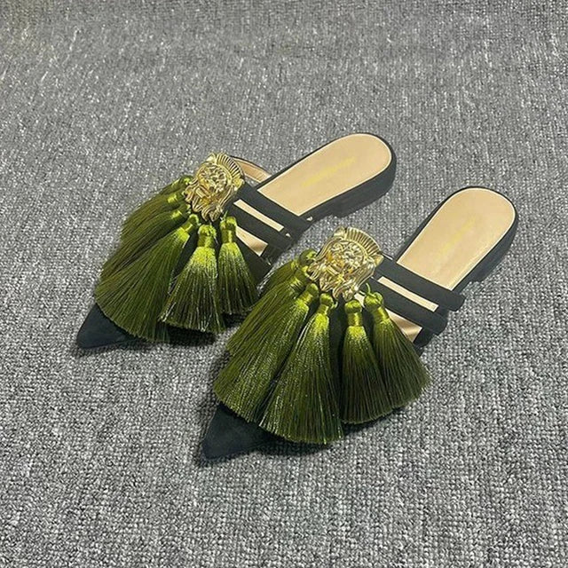 Sexy Pointed Toe Tassel Slingback Women Slippers Autumn 2023 Designer Fad Dress Flip Flop Mules Party Low Heels Sandals Slides
