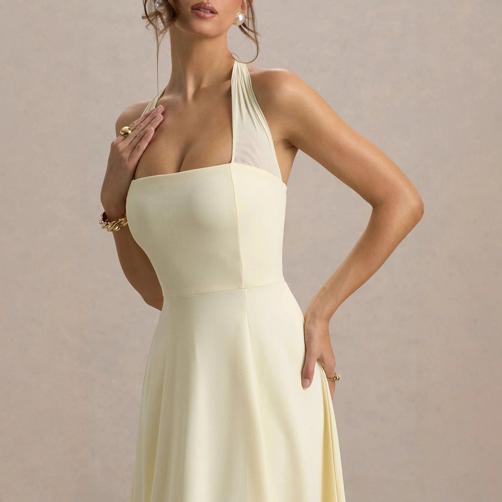 Pure Color Halter Backless Elegant Chiffon Sheath Dress with Waistline for Women