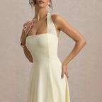Pure Color Halter Backless Elegant Chiffon Sheath Dress with Waistline for Women