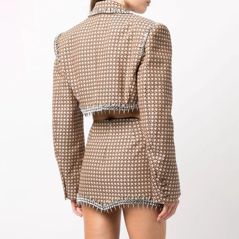 Chic Two Piece Set For Women Notched Collar Long Sleeve Spliced Diamond Blazer High Waist Skirt Slim Set Female New