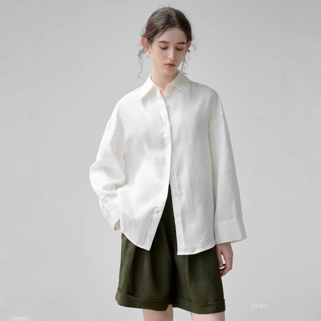 Linen-Blend Shirt Long Sleeve White Blouse Loose Fit Breathable and Cool