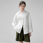 Linen-Blend Shirt Long Sleeve White Blouse Loose Fit Breathable and Cool