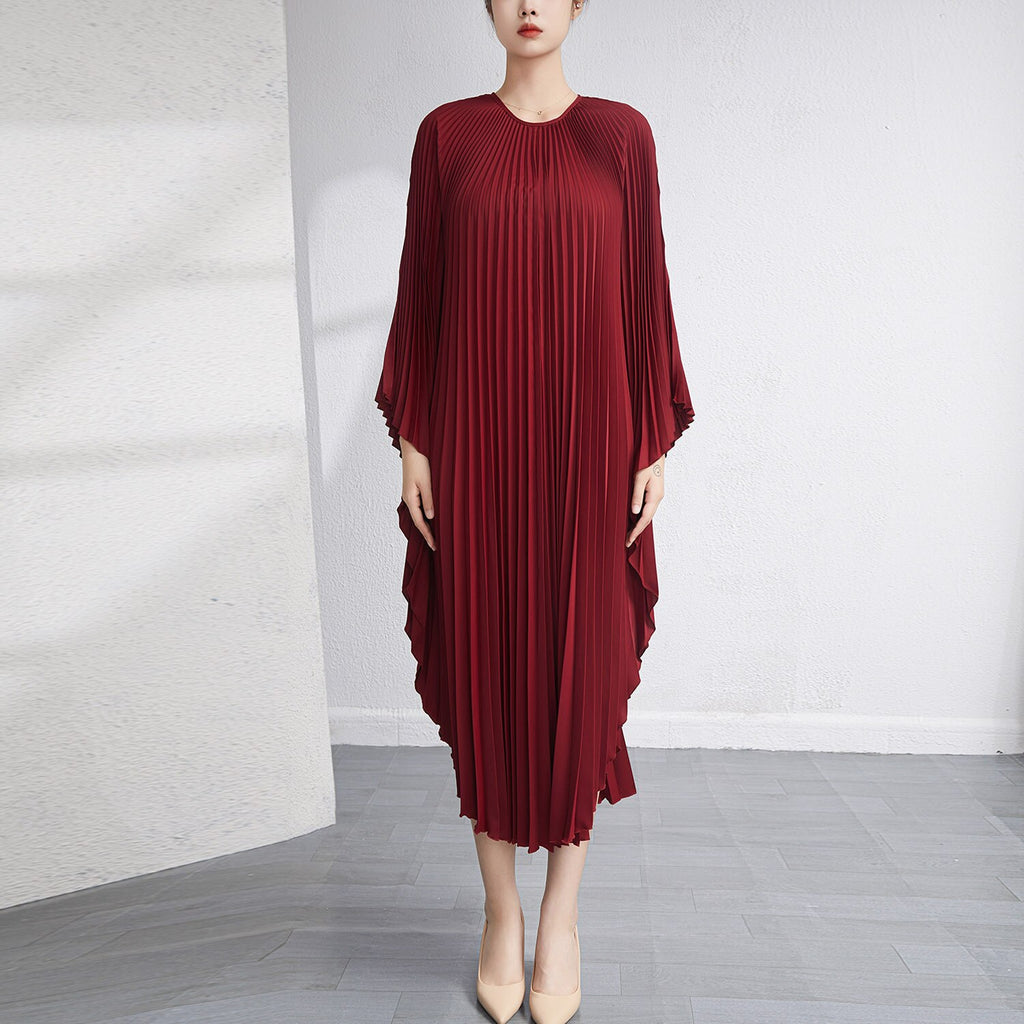 Pleated Fold Fashion Designer Spring Summer Women's Long Pleated Irregular Loose Sleeve Casual One Size Dress