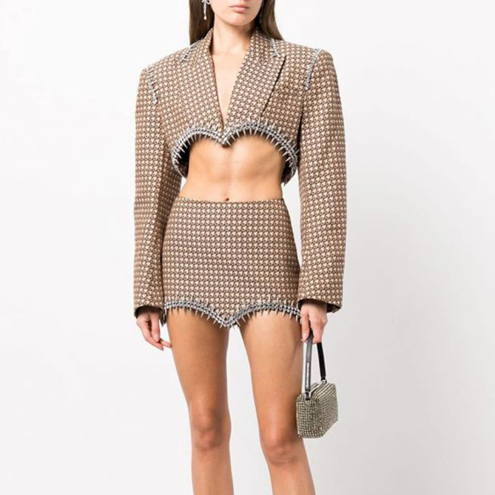Chic Two Piece Set For Women Notched Collar Long Sleeve Spliced Diamond Blazer High Waist Skirt Slim Set Female New