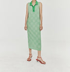 Summer New Japanese Paper Yarn Checkerboard Weave Pattern Knitted V-neck Silhouette Short-sleeved Women Dresses Viscose Robe