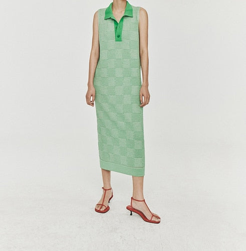 Summer New Japanese Paper Yarn Checkerboard Weave Pattern Knitted V-neck Silhouette Short-sleeved Women Dresses Viscose Robe