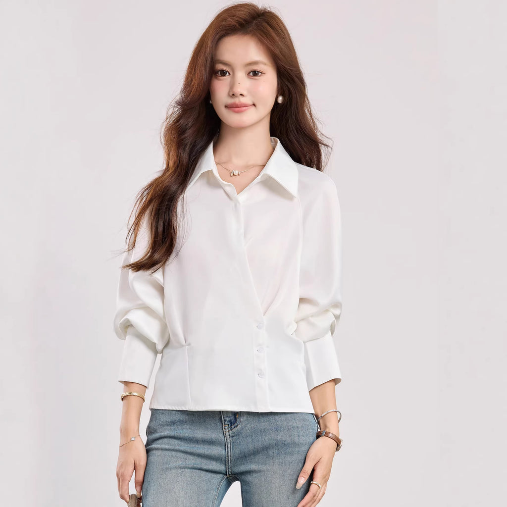 Chic Slant Button Flip Collar Blouse for Women, Fitted Slimming Office Commute Versatile White Shirt