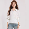 Chic Slant Button Flip Collar Blouse for Women, Fitted Slimming Office Commute Versatile White Shirt
