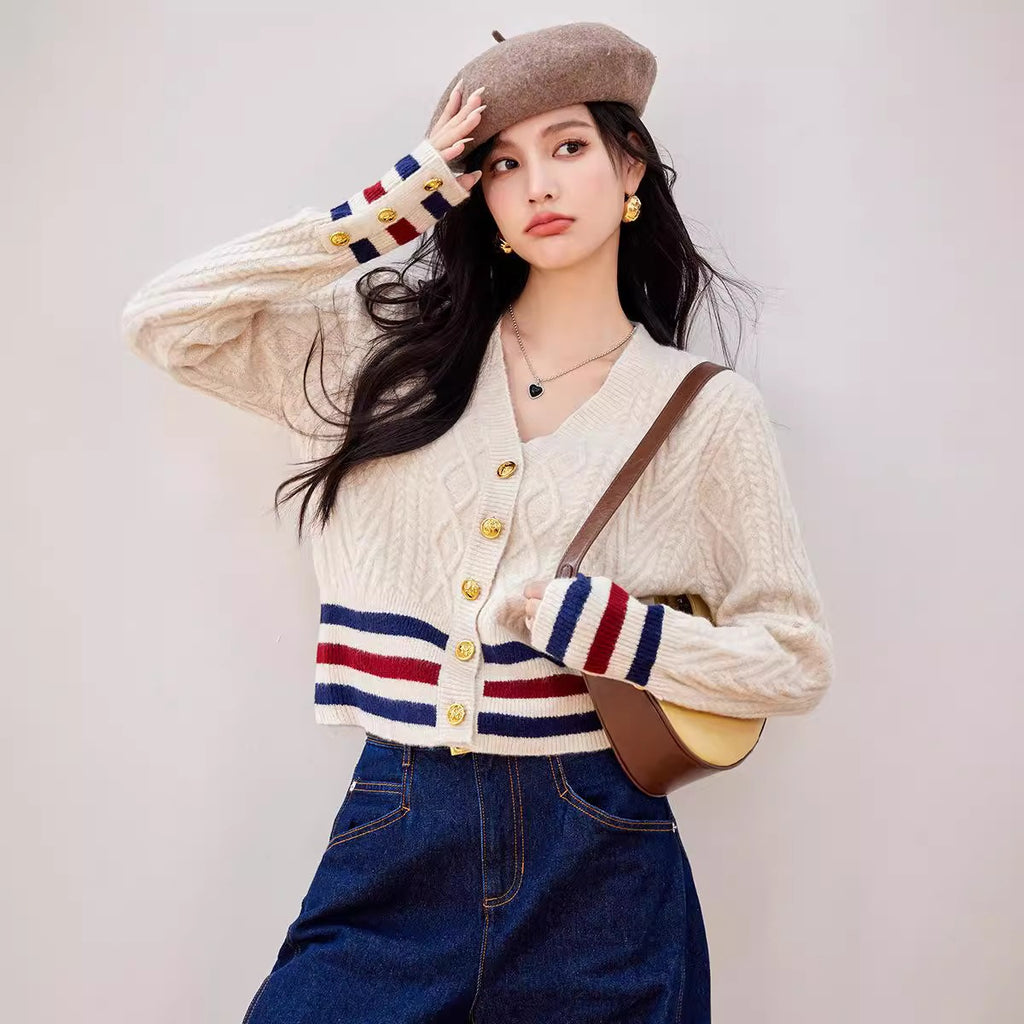 Trendy contrasting design with spliced colorful stripes V-neck short cardigan sweater for women