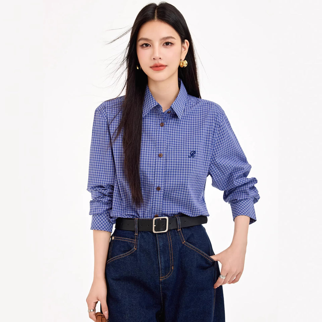 Vintage Versatile MIU-inspired Blue Checkered Shirt for Women Casual and Elegant Blouse