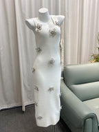 Designer MA Brand Elegant Embellished 3D Flower Strap Dress for Women