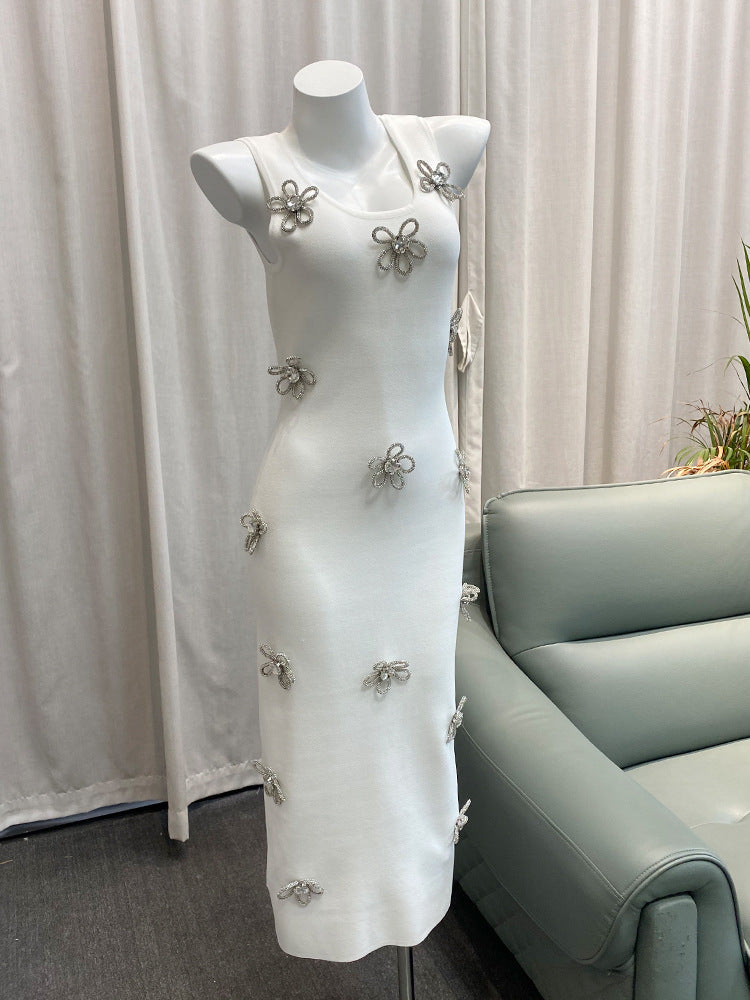 Designer MA Brand Elegant Embellished 3D Flower Strap Dress for Women