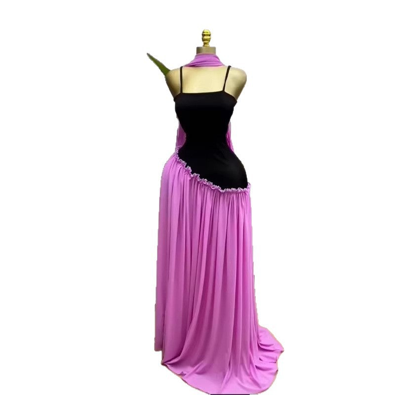 Elegant Spring New Women's Strapless Belted Pleated Long Dress Evening Gown with Scarf