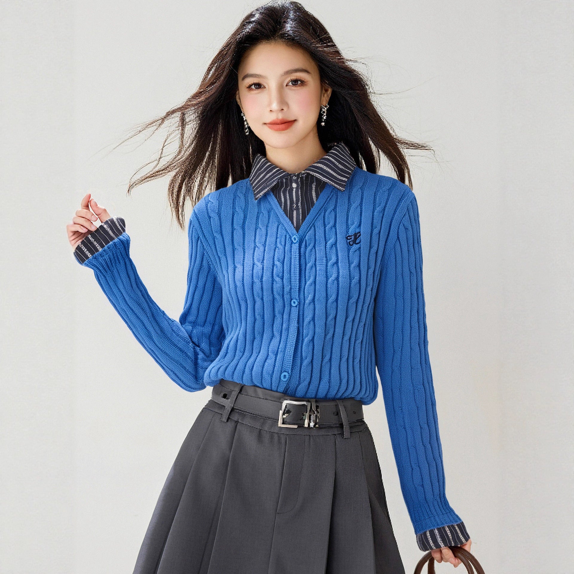 Academic Style Plaid Spliced False Two-Piece Knit Sweater for Women, Fall Fashion Design Knit Cardigan Top