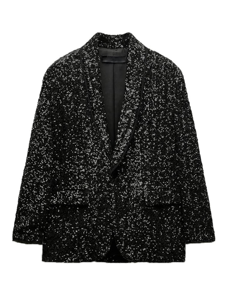 TRAF Women's Fashion Sequins Blazer V Collar Black Button Slim Jacket Autumn and Winter New Office Jacket Women's Luxury Jacket