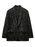 TRAF Women's Fashion Sequins Blazer V Collar Black Button Slim Jacket Autumn and Winter New Office Jacket Women's Luxury Jacket