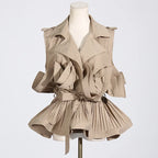 Spring Summer  New Fashion Style Khaki V-neck Pleated Panel Design Sleeveless Lace Up Women's Shirt