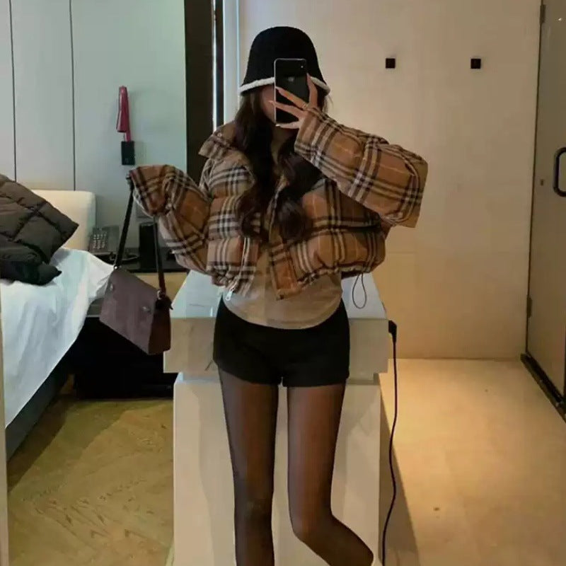 Loose  Retro Checkered Short Cotton Coat for Women, Fashionable Designer Puffer Jacket, Casual Winter Outwear