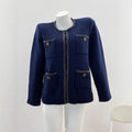 French Style Chic Deep Blue Embroidered Beaded Round Neck Knit Cardigan
