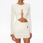 Elegant Sexy Hollow-Out Waist Bodycon Long Sleeve Dress with Pleated Skirt
