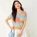 Simple  Yellow Round Neck Gradient Hollow-out Short Sleeve Knit Cardigan for Women, Summer Fashion Casual Top