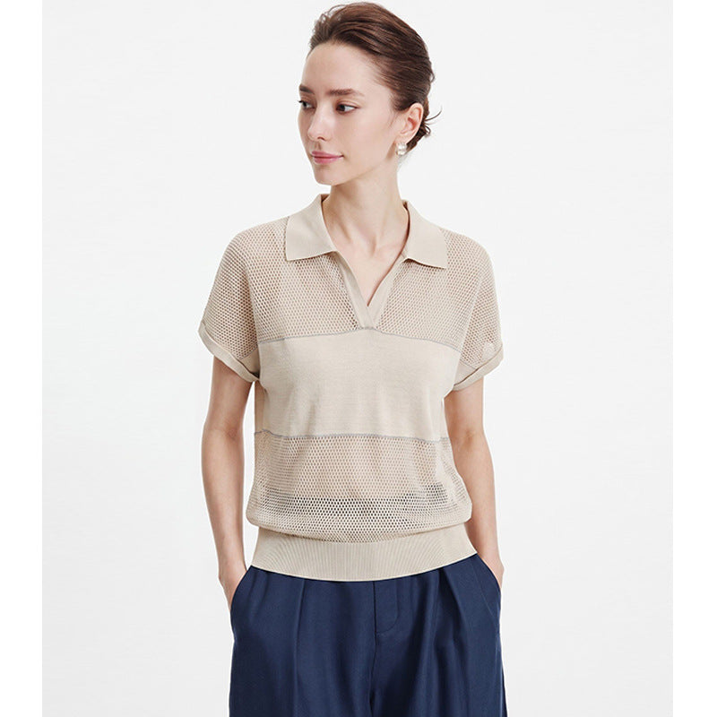 Hollow out breathing design spliced V-neck polo shirt, summer loose short sleeved knit shirt