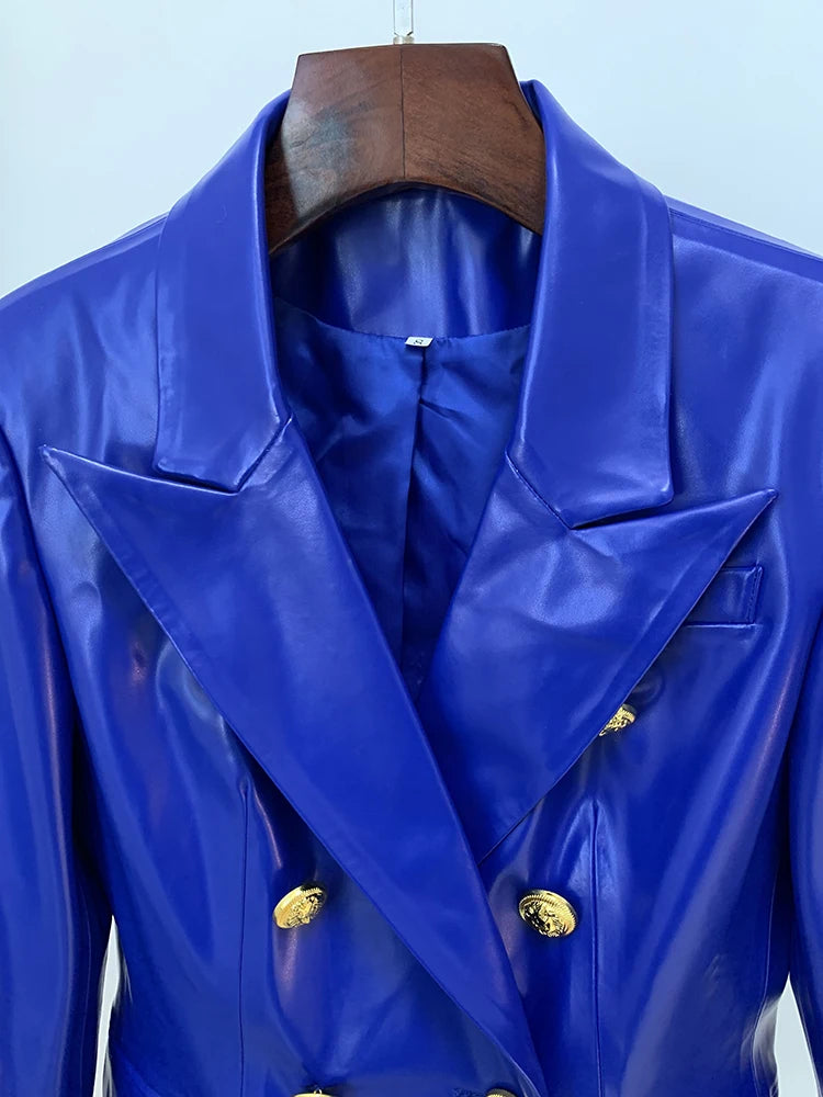 TOP QUALITY Newest Fashion 2023 Designer Jacket Women's Double Breasted Lion Buttons Slim Fitting Faux Leather Blazer