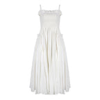 French retro white camisole backless pleated skirt with cinched waist and long style slimming dress