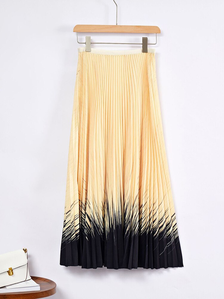 Color Block Pleated 2 Pieces Set Designer Printed Long Sleeves Tops High Waist Skirts Elegant Female Clothing 2YA957